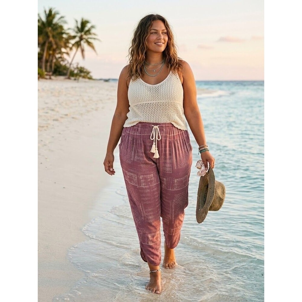 ONeill Womens XL Beach Pants Purple Boho Print Drawstring Viscose Cropped